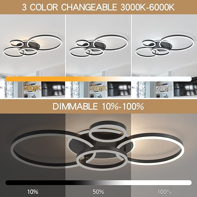 O'NEELDY Flush Mount Modern Ceiling Light Black Led Modern Light Fixtures Ceiling Mount Lights 4 Rings Led Chandelier Lamp Fixture with Remote for Living Room Kitchen Dining Room Bedroom