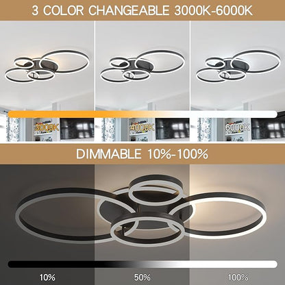 O'NEELDY Flush Mount Modern Ceiling Light Black Led Modern Light Fixtures Ceiling Mount Lights 4 Rings Led Chandelier Lamp Fixture with Remote for Living Room Kitchen Dining Room Bedroom