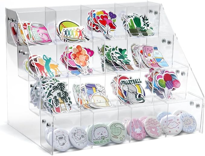 UCEC 4-Tier Sticker Display Stand for Vendors, 16-Pocket Acrylic Display Stands & Card Stand, Portable Organizer for Trade Shows, Retail Stores, Small Business Supplier Events