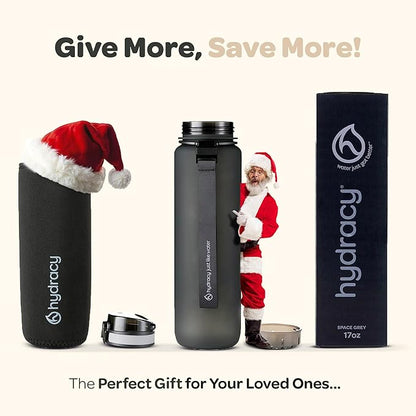 Hydracy Water Bottle with Time Marker -Large BPA Free Water Bottle & No Sweat Sleeve -Leak Proof Gym Bottle with Fruit Infuser Strainer & Times to Drink -Ideal for Fitness Sports & Outdoors