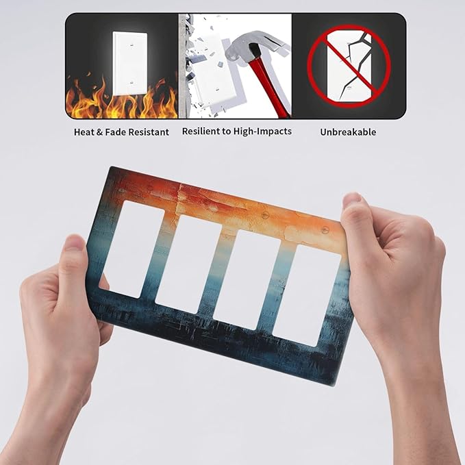 Blue Orange Abstract Modern Minimalist Oil Painting 4 Gang Wall Plates Outlet Covers Quad Rocker Light Switch Cover Plate Decorative Switch Plates GFCI Electrical Faceplate 4.5 X 8 IN
