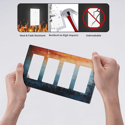 Blue Orange Abstract Modern Minimalist Oil Painting 4 Gang Wall Plates Outlet Covers Quad Rocker Light Switch Cover Plate Decorative Switch Plates GFCI Electrical Faceplate 4.5 X 8 IN