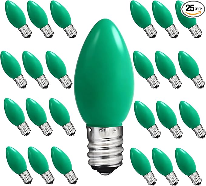 C7 Green LED Light Bulb,25 Pack 0.6w C7 Ceramic Replacement Christmas Lights with E12 Base,Green Outdoor Light Bulb for Chandelier Window Candle Christmas String Lights