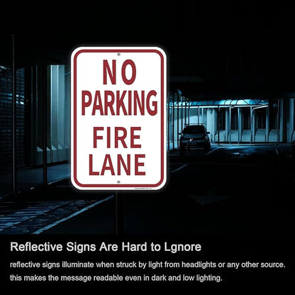 4 Pack Fire Lane No Parking Signs -12" x 18" Aluminum No Parking Fire Lane Sign for Business, With Reflective Overlay, Rust Free, Weather Resistant- Easy to install