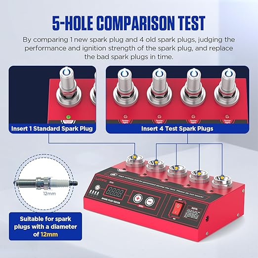 Spark Plug Tester Upgraded 5-Hole Spark Plug Tester Tool with Adjustable Frequency & Hole Height 200-9000rpm Car Engine Ignition Coil Tester Diagnostic Tool for 12V Gasoline Vehicles