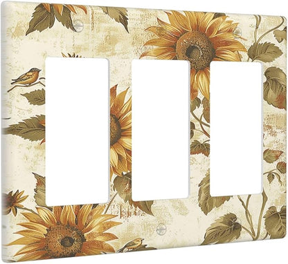Light Switch Covers Rustic Sunflower Floral Pattern 3 Gang Rocker Electrical GFCI Decorative Triple Outlet Wall Plate Cover Switchplate for Bedroom Cabin Decor