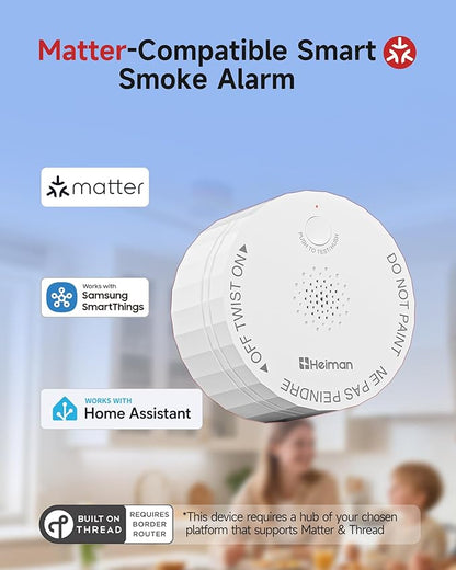 Heiman Matter Smoke Detector, Smart Photoelectric Fire Alarm, Ul217-9Th Listed, Battery Powered, Real-Time Notification, Compatible With Smartthings, Home Assistant, Mini Portable For Home, Rv, Travel