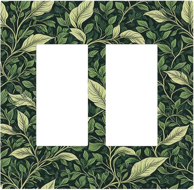 Vintage Green Plant Leaves Outlet Covers Light Switch Cover Plate 2 Gang Double Rocker Wall Plates Decorative Switch Plates Plug Cover Electrical GFCI Receptacle Cover for Home 4.9 X 5 IN