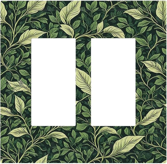 Vintage Green Plant Leaves Outlet Covers Light Switch Cover Plate 2 Gang Double Rocker Wall Plates Decorative Switch Plates Plug Cover Electrical GFCI Receptacle Cover for Home 4.9 X 5 IN