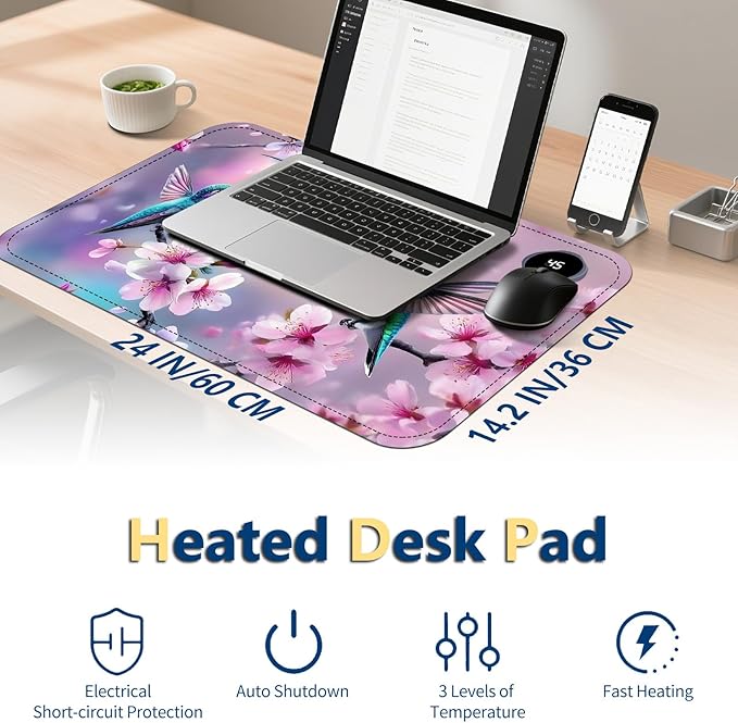Heated Mouse Pad with 3 Temperature Settings(104°F–122°F),Large 24x14.2 Inch PU Leather Heated Desk Mat,Waterproof Warming Pad for Office,Gaming & Cold Hands Relief,Hummingbirds Flowers