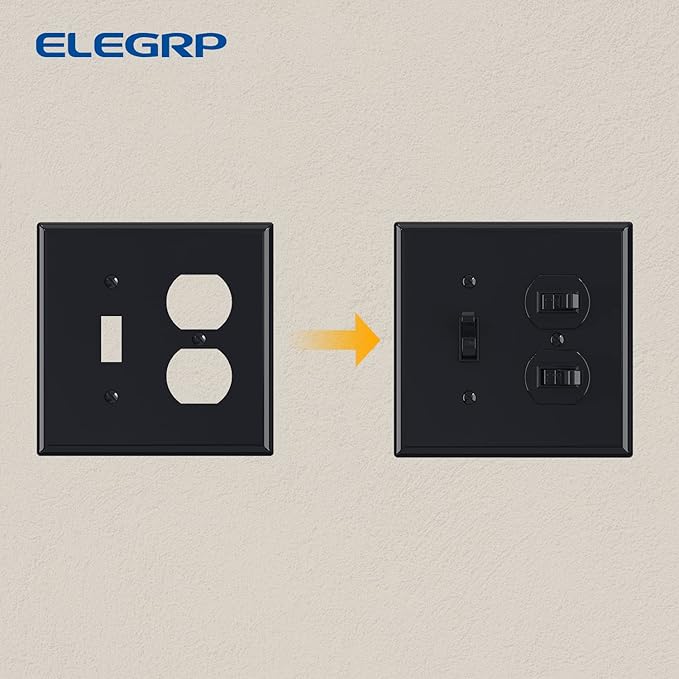 Combination Wall Plate ELEGRP 1-Toggle Light Switch 1-Duplex Receptacle Outlet Combination Wall Plate Cover, Mid-Size 4.88" x 4.94" Unbreakable Thermoplastic Faceplate Cover, UL Listed (2 Pack, black)