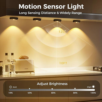 LED Motion Sensor Puck Lights, Small Rechargeable Under Cabinet Light, Dimmable Warm White Closet Lights, Wireless Under Cabinet Lighting for Drawer, Kitchen (6 Pack)