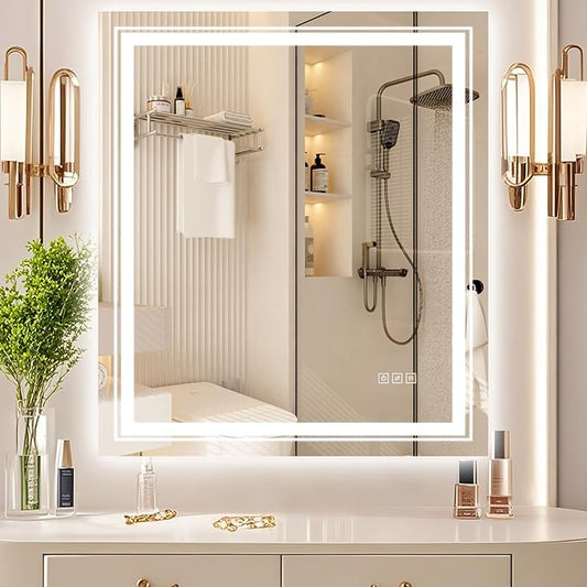 28x32 LED Mirror for Bathroom with Front and Backlit Light Up Digital Mirrors for Wall,Anti Fog,Stepless Dimmable,Tempered Silver Glass Smart Vanity Mirror for Bathroom