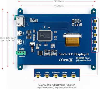 5 Inch IPS LCD Touch Screen Display Panel 800×480 Capacitive Screen HDMI Monitor for Raspberry Pi 5/4/3, BB Black, Windows 10 8 7
