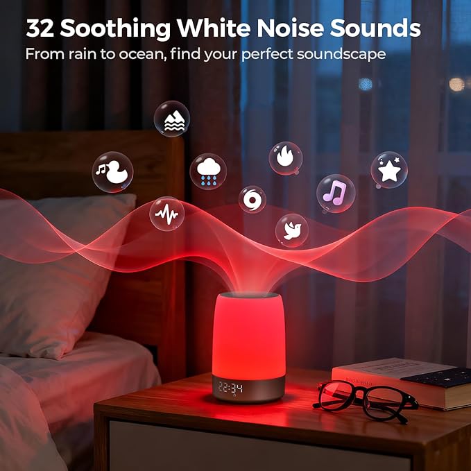Smart Red Light Therapy Lamp & Sleep Sound Machine for Bedroom with Alarm Clock, Night Light with App Control, 5-Level Red Light (620–690nm), 32 White Noises, Custom Timer, 2600mAh Battery, 7 Alarms