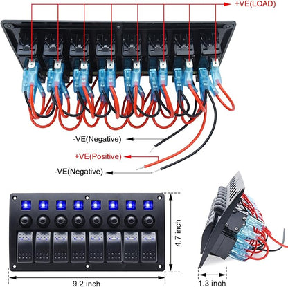 8 Gang Marine Switch Panel, Boat Rocker Switch Panel Waterproof, 12V Aluminum Switch Panel, Marine Toggle Switches ON/Off with Circuit Breaker 5A 10A 15A for Car RV Truck (Blue)