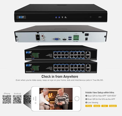 GW Security 32 Channel 8MP Fulltime Color Night Vision 4K NVR Security Camera System with 32 UltraHD 4K Two-Way Audio Outdoor/Indoor Smart AI Face Recognition Human Vehicle Detection PoE Dome Cameras