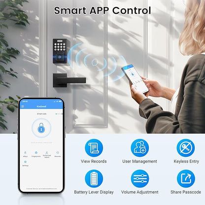 KNOBWELL Smart Fingerprint Door Lock with Lever Handle, Keyless Entry, Biometric Keypad, Electronic Deadbolt Lock，Matte Black