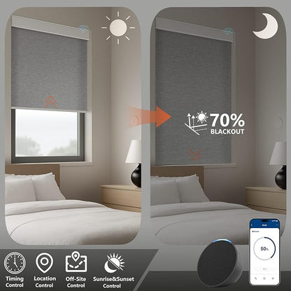 Smart Motorized Blinds – 70% Blackout Roller Shades with Remote, Alexa/Google Home/Siri Control, Matter Compatible, Wireless Rechargeable Battery, Custom Sizes for Windows & Sliding Doors