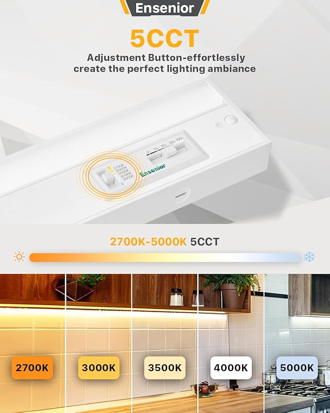 Ensenior 18 Inch LED Under Cabinet Lighting Hardwired, 5CCT, 10W 650LM, 2700K/3000K/3500K/4000K/5000K, Wired Under Cabinet Lights, Dimmable Under Counter Lights for Kitchen, FCC, 2 Packs