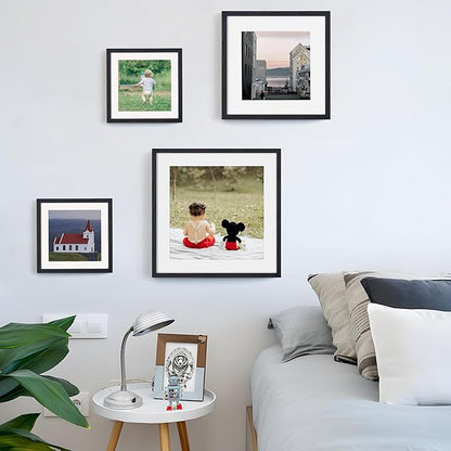 10x10 Picture Frame Set of 2, Solid Oak Wood Frame 10 x 10, 10 by 10 Wood Frames for Wall, 10x10 Picture Frame with Mat for 8x8, Square 10"x10" Photo Frames Real Glass, Black Color, 2 Pack