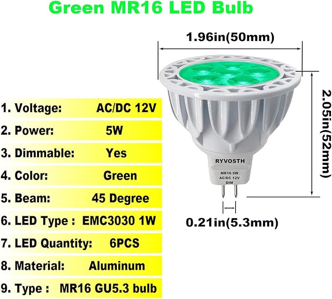 6-Pack MR16 Green Led Bulbs 5W Replace 35W 50W Halogen Equivalent,12V Low Voltage MR16 GU5.3 Green Color Bulb Spotlights for Outdoor Landscape Flood Track Lighting, Dimmable,45 Deg