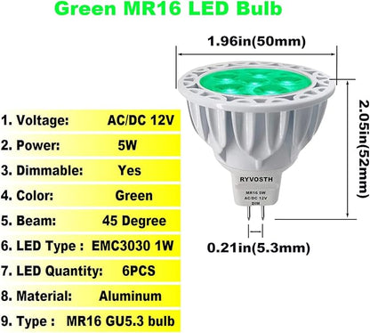 6-Pack MR16 Green Led Bulbs 5W Replace 35W 50W Halogen Equivalent,12V Low Voltage MR16 GU5.3 Green Color Bulb Spotlights for Outdoor Landscape Flood Track Lighting, Dimmable,45 Deg