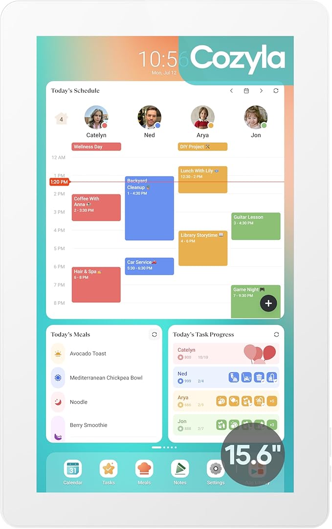 Cozyla Mate Digital Calendar+ 2: 15.6 Inch Wall Touch Screen Chore Chart Customizable Dashboard Smart Electronic Calendar for Family Schedules Meal Planner Support App Store with Stand White