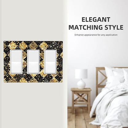 Gold Black Marble Geometric Plaid Glitter Light Switch Covers 3 Gang Rocker Decorative Triple Outlet Wall Plate Cover Electrical GFCI Switchplate for Bedroom Bathroom Decor
