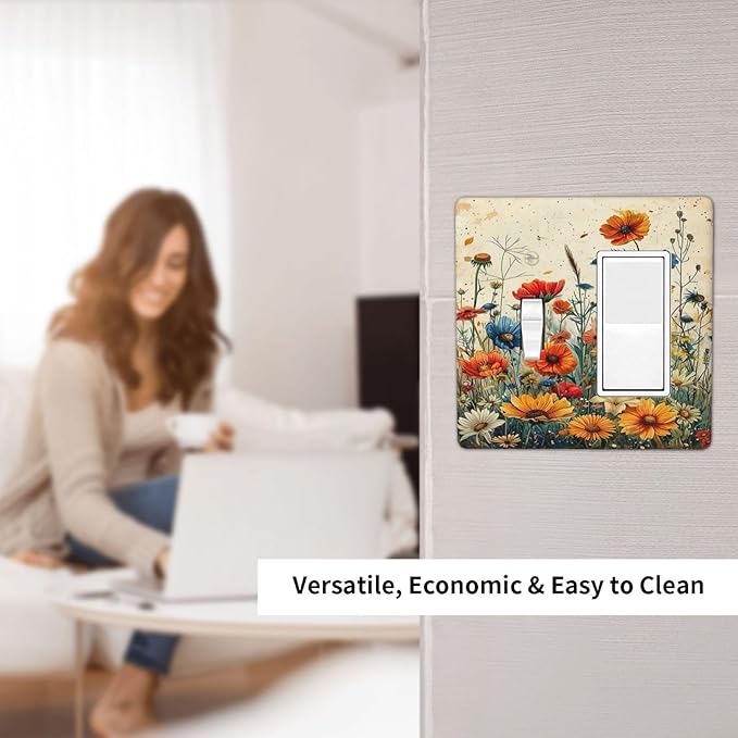 Outlet Covers Colorful Flowers Wildflowers Plants Orange Yellow Blue 1 Toggle 1 Rocker Combo Light Switch Cover Plate Decorative Switch Plate Covers Electrical Wall Plate for Home Farmhouse Decor