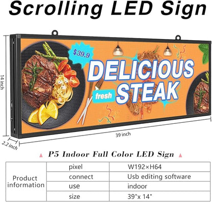 P5 Outdoor IP65 Waterproof 39"x14" Programmable LED Sign Board - WiFi Full Color High-Res Scrolling Display, USB Control, Custom Images & Video for Business