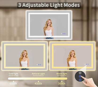 36"x55" LED Bathroom Mirror with Lights, Anti-Fog, Backlit + Front Lit, Dimmable, Led Vanity Mirror for Wall, Lighted Bathroom Mirror, 3 Colors, Shatter-Proof Tempered Glass