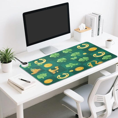 Heated Desk Pad Mouse Pad 31.5x13 Inch PU Leather Desk Mat with 3 Heat Levels Large Mouse Gaming Computer Laptop Mat Clover Dwarf St Patrick's Day