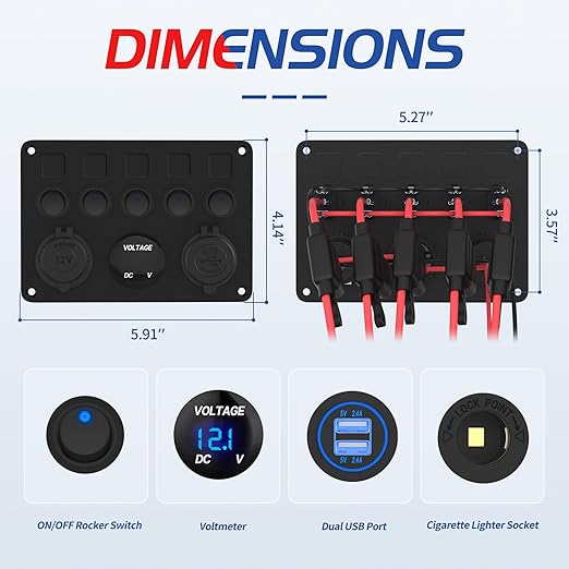 5 Gang Rocker Switch Panel UL Listed 12 Volt ON-Off Switch Panel Blue LED with Inline Fuse & 4.8A USB Charger Socket & Digital Voltmeter & 12V Cigarette Lighter Socket for Marine Boat Car