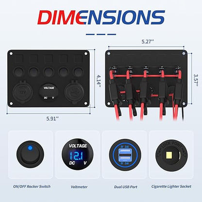 5 Gang Rocker Switch Panel UL Listed 12 Volt ON-Off Switch Panel Blue LED with Inline Fuse & 4.8A USB Charger Socket & Digital Voltmeter & 12V Cigarette Lighter Socket for Marine Boat Car