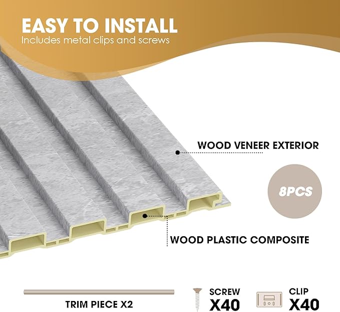 OUZUGIE WPC Acoustic Slat Wall Paneling, 8-Pack 96 x 6 Inches 3D Wall Panels for Interior Wall Decor,Living Room,TV Background,Study Room,Office Spaces,Bedroom,Low Grille (Gray Marble)
