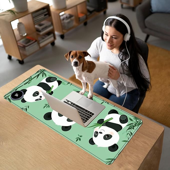 Heated Mouse Pad with 3 Temperature Settings(104°F–122°F),Large 31.5x13 Inch PU Leather Heated Desk Mat,Waterproof Warming Pad for Office,Gaming & Cold Hands Relief,Cute Three Pandas