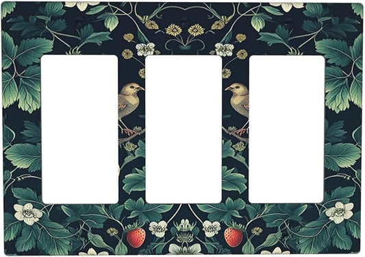 Light Switch Covers Strawberry Birds Flowers Plant Morris Floral 3 Gang Rocker Electrical GFCI Decorative Triple Outlet Wall Plate Cover Switchplate for Bedroom Farmhouse Decor