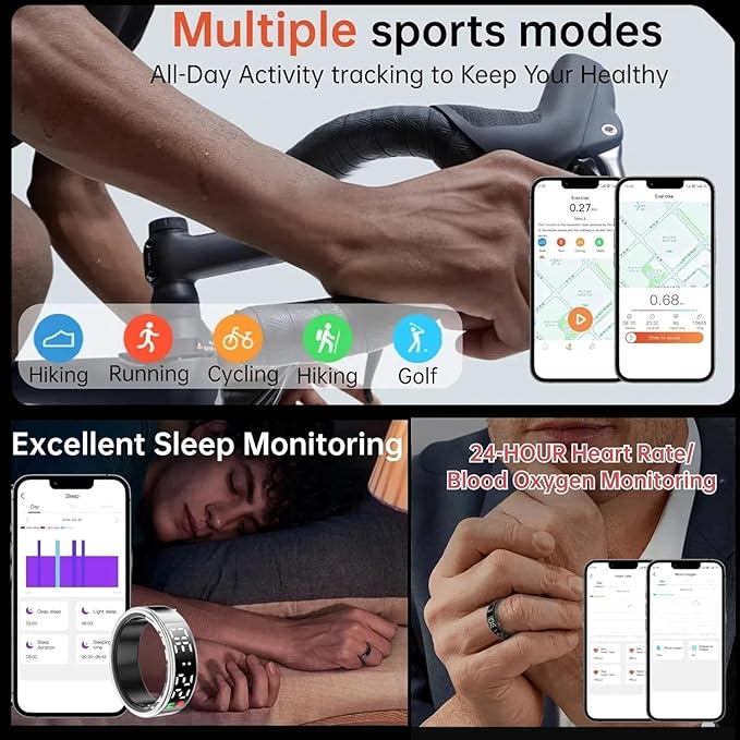 Smart Ring Health with LED Display Screen, Activity Tracker/Heart Rate/SpO2/Sleep/Step, Bluetooth Connection Smart Rings for Women Men, IP68 Waterproof Smart Ring for iPhone & Android (Gold, 8)