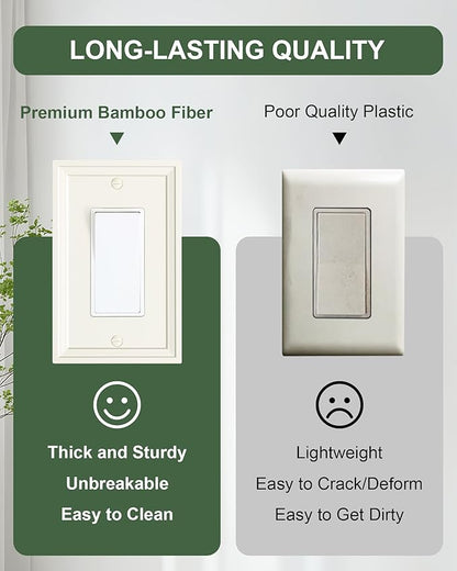 2-Pack Decorator Outlet Cover Plate, Light Almond Modern Decorative Switch Plates and Outlet Covers, Natural Bamboo Fiber Wall Plates for Electrical Outlets