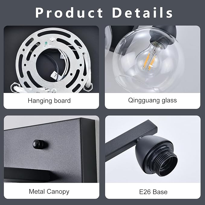 Bathroom Light Fixtures, 3-Light Matte Black Vanity Light with Hand-Blown Thick Glass Shades, Premium Clarity & Shatter-Resistant, Wall Sconces for Mirror, Kitchen, Bedroom