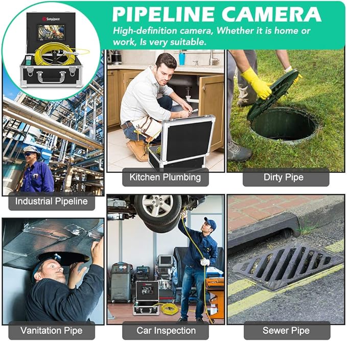 Sanyipace Sewer Camera 165FT/50M with WiFi Wireless Transmission, Drain Camera with Lights, Pipe Sewer Scope Inspection Camera with IP68 Waterproof Camera Probe, 7" Color Screen, Camera Guide Wheel