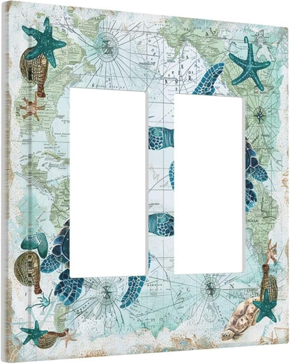 Decorative Outlet Covers Nautical Green Sea Turtles Beach Blue Ocean 2 Gang Double Gfci Rocker Electrical Wall Panels Light Switch Cover Plate For Bathroom Kids Room Decor
