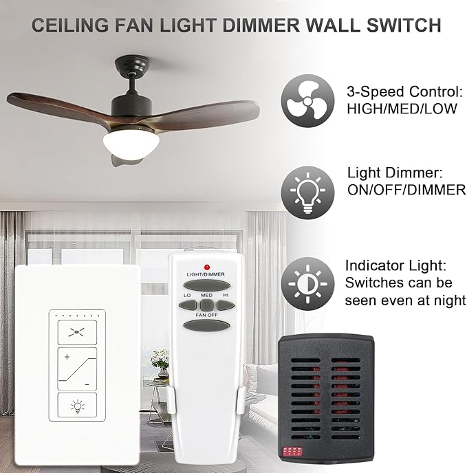 Ceiling Fan Remote Control Kit, Universal Ceiling Fan Remote Control and Light Switch, Ceiling Fan Wall Switch UC9050T, Fan Remote Control Kit Compatible with Hampton Bay Harbor Breeze Hunter