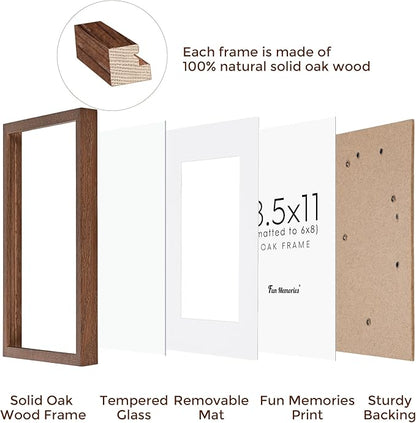 Fun Memories Solid Oak Wood Frame 8.5x11 Photo Frames With Real Glass, Display Poster 6x8 With Mat or Without Mat, Wall Display, Walnut Color, 3 Pack