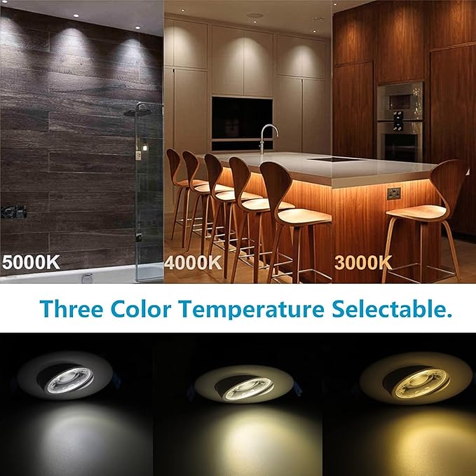 3 Inch Waterproof recessed Shower Lights, 9W COB 3 Colors Adjustable Gimbal Ceiling Recessed Lighting for Bathroom,Bedroom,Kitchen,Balcony