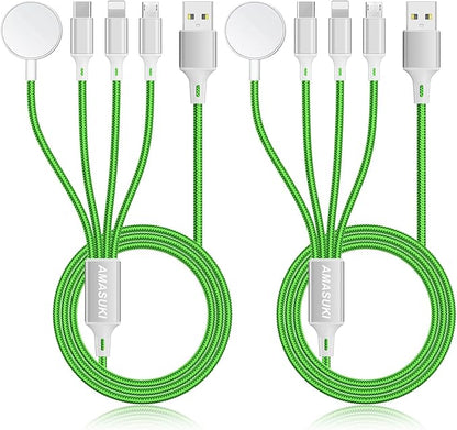 2Pack Multi Charging Cable for Apple Watch Charger 4 in 1 Travel Essentials RV Camping Essentials USB C/L/Micro Compatible with iWatch Series 11-1/iPhone 17/16/15/Android Airplane Gadgets-4FT/Green