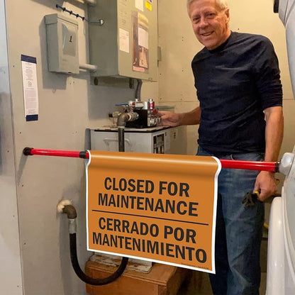 SmartSign "Closed For Maintenance" Bilingual Hanging Doorway Barricade Sign, Spring-loaded Adjustable Twist-To-Tighten Aluminum Pole & 11.25" x 18" Vinyl Sign Kit, Black/Orange, USA-Made