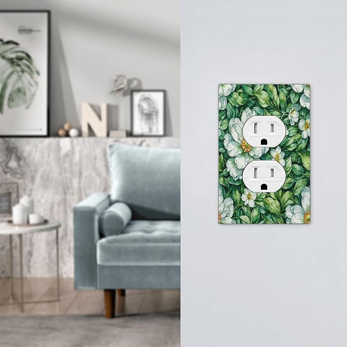Vintage Floral White Flowers Green Plants Leaves Outlet Covers 1 Gang Duplex Light Switch Cover Wall Plate Decorative Switch Plates Electrical Receptacle Faceplate for Bedroom Bathroom Decor
