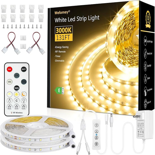White LED Strip Lights, 131ft Dimmable 24V LED Lights Strip 3000K Bright Warm White, Flexible Tape Lights for Bedrooms, Kitchen, Cabinet, Christmas Decor, 2 Rolls of 65.6ft